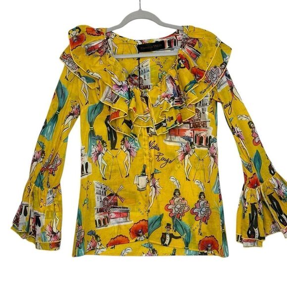 Daniela Vezza Yellow Silk Moulin Rouge Ruffle Blouse| Size 4 - Picture 1 of 11